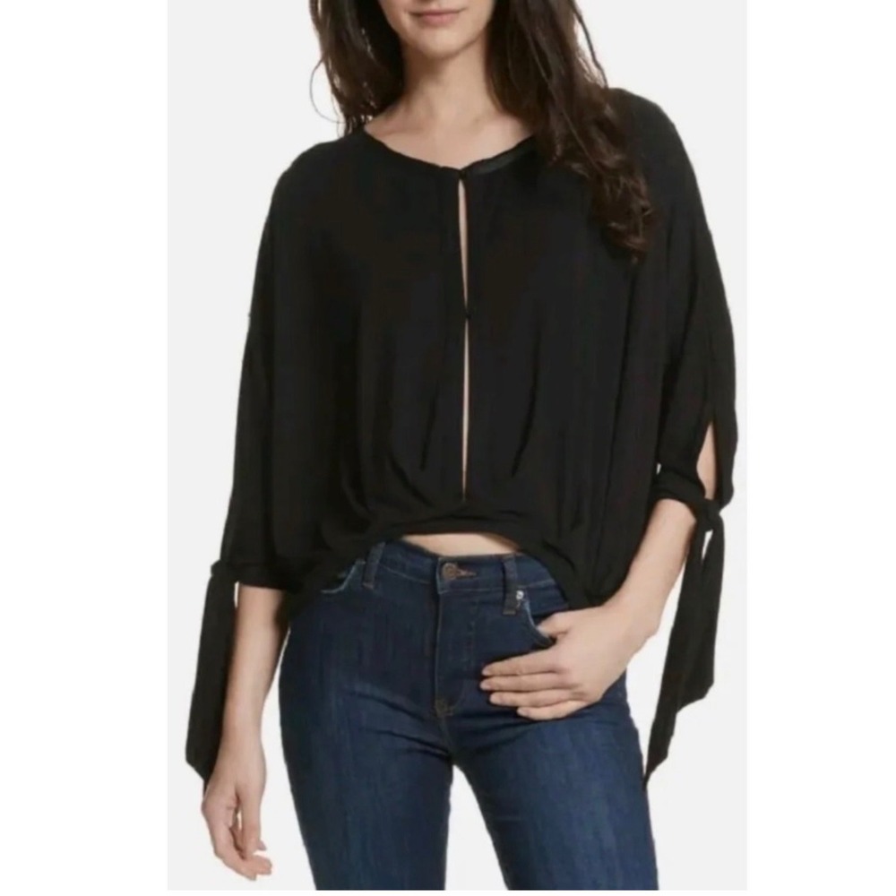 Free People Keepin' On Twist Front Blouse Black Batwing Sleeve Tie Cuff Top M